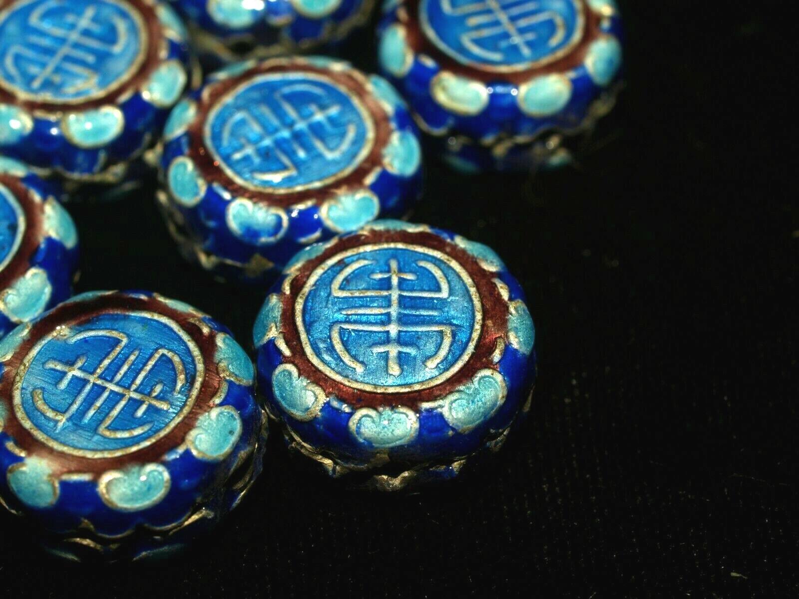One Vintage Chinese Bead Cloisonne Canton Enamel Silver Blue Shou 16mm coin