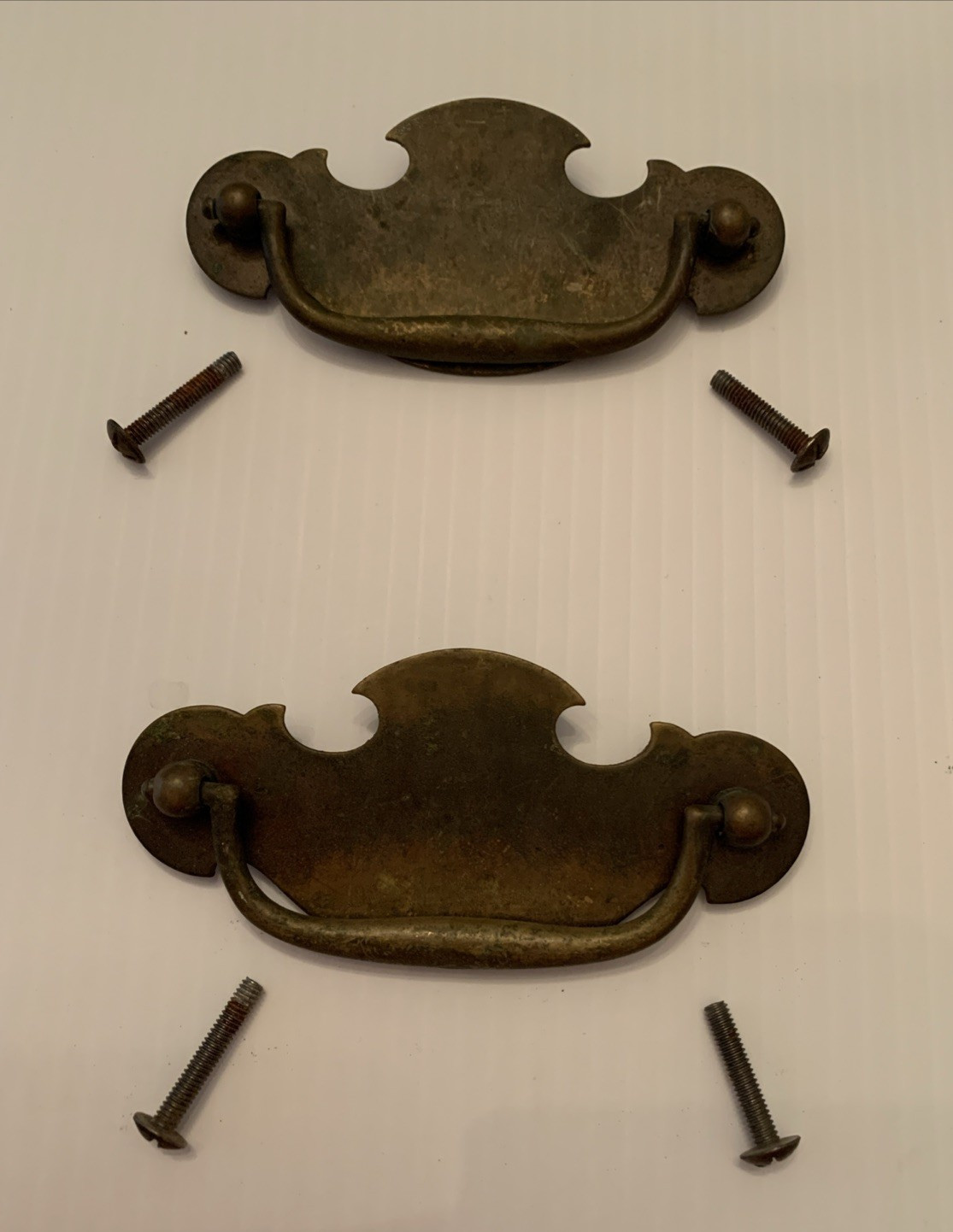 Set/2 4-3/8” X 2” Antique Batwing Brass Bail Pull 3.5” To CTR w/Original Screws