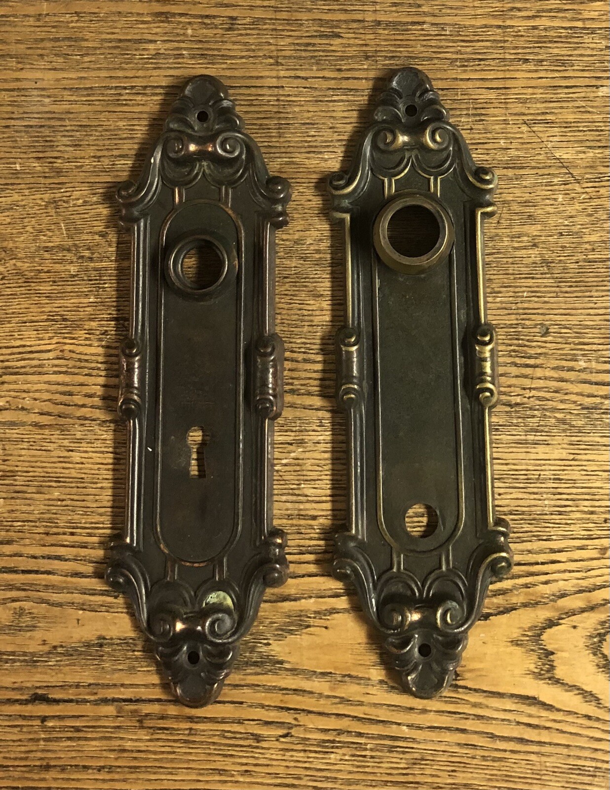 Pair Antique Fancy Y&T “Meridian” Wrought Brass Door Plates, c1910