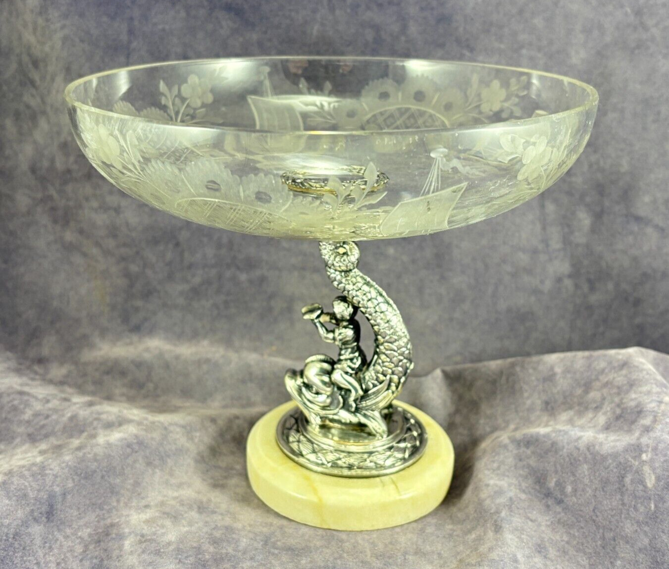 Antique Silver Plate Tazza Compote Boy Riding Dolphin White Stone – Chinoiserie