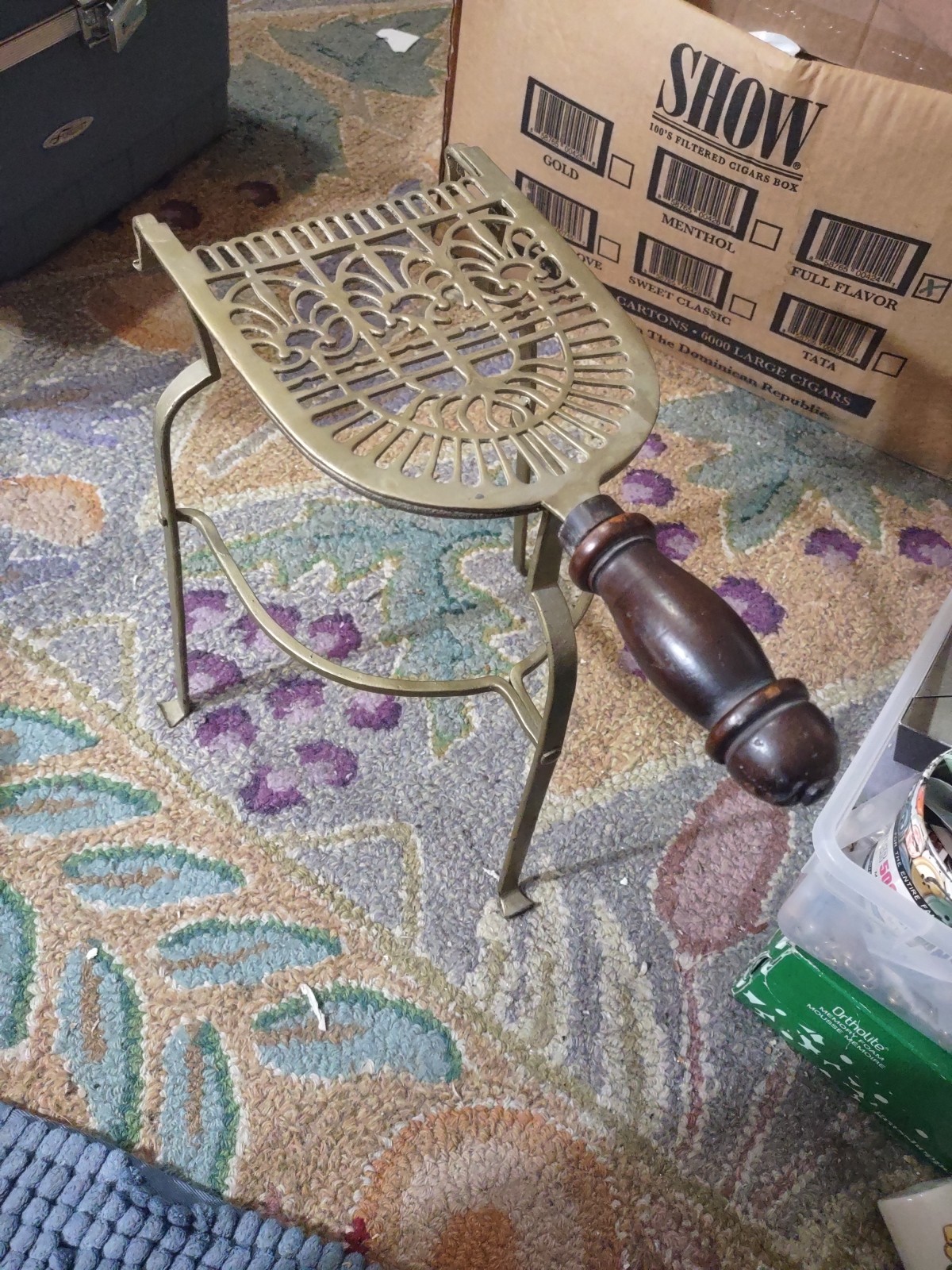 Vintage Wrought Iron Fireplace Trivet Stand with Brass Top and Wood Handle