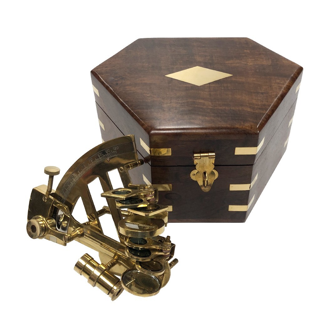 4″ Small Polished Brass Sextant and Wooden Storage Box- Antique Vintage Style