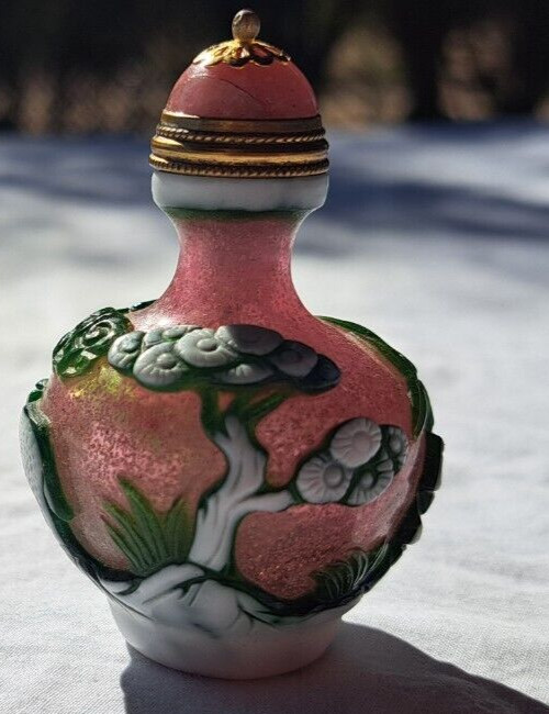 Antique Snuff bottle Watermelon pink glass with green & white overlay 2.5 x 2.5