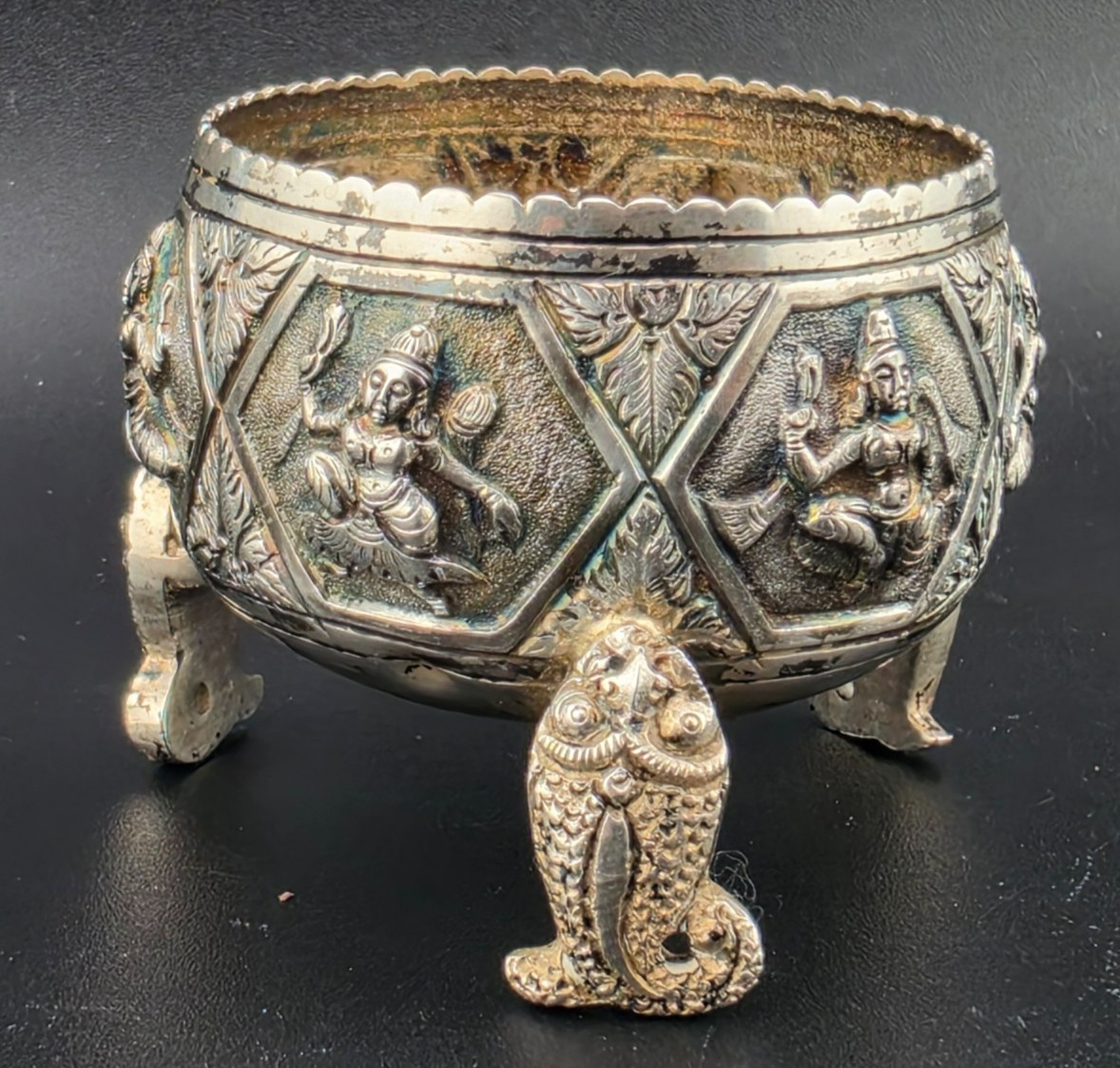 1880 Burmese Siam Repousse Gods 🐟Fish Sterling Silver Salt Cellar Offering Bowl