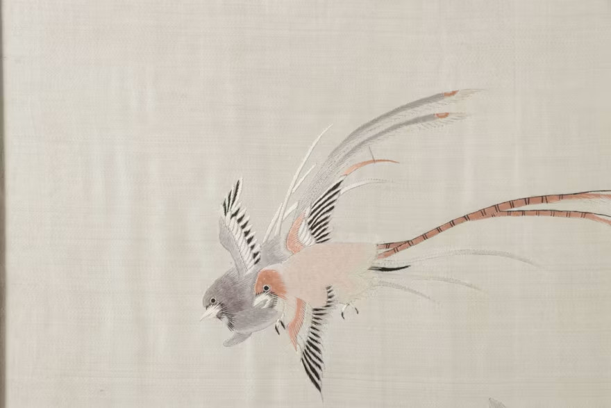 Chinese Silk Embroidery Birds Panel Framed Scissortails on Branch Vintage