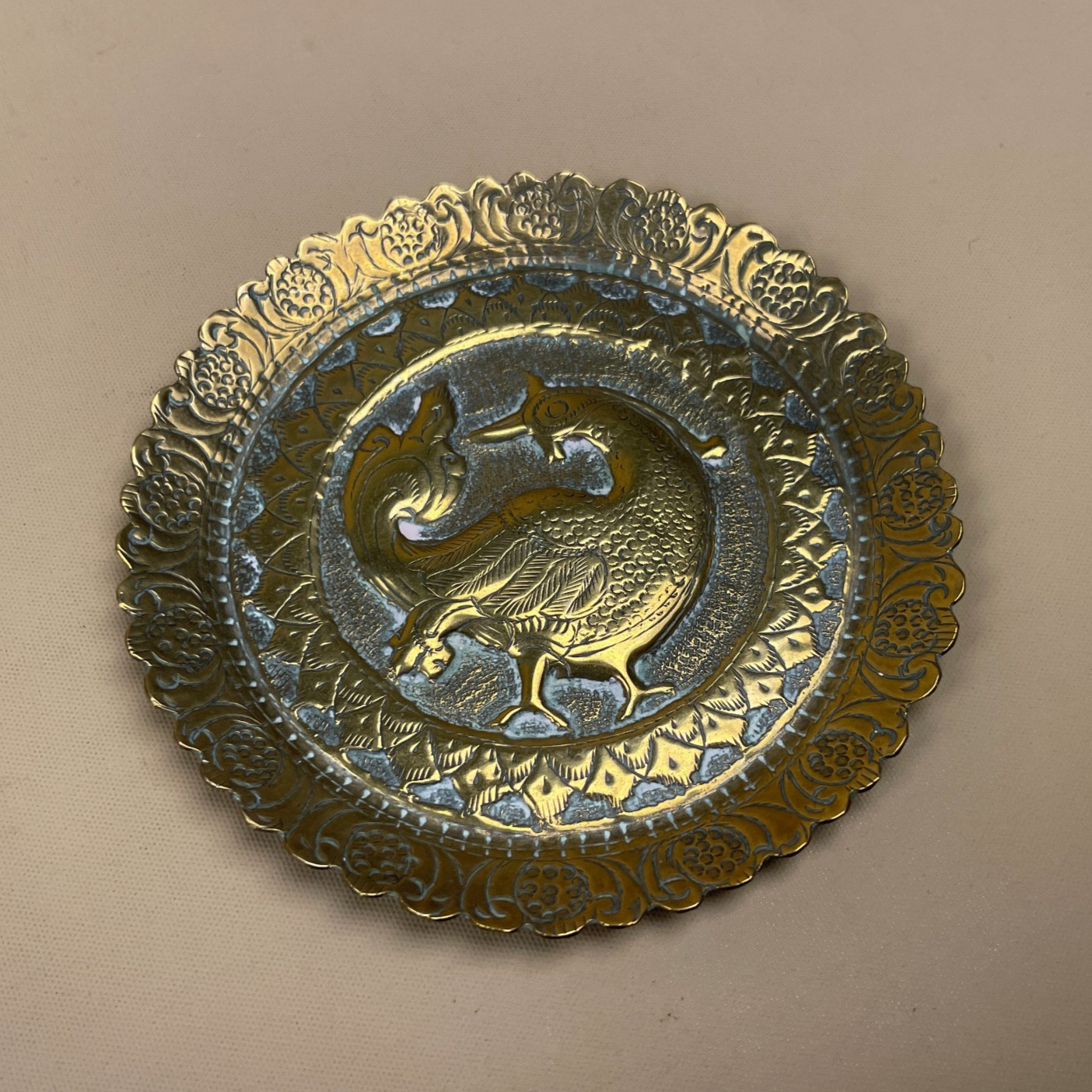 Indian Metal Gold Patterned Brass Tray 10cm Plate Circular Decorative Antique