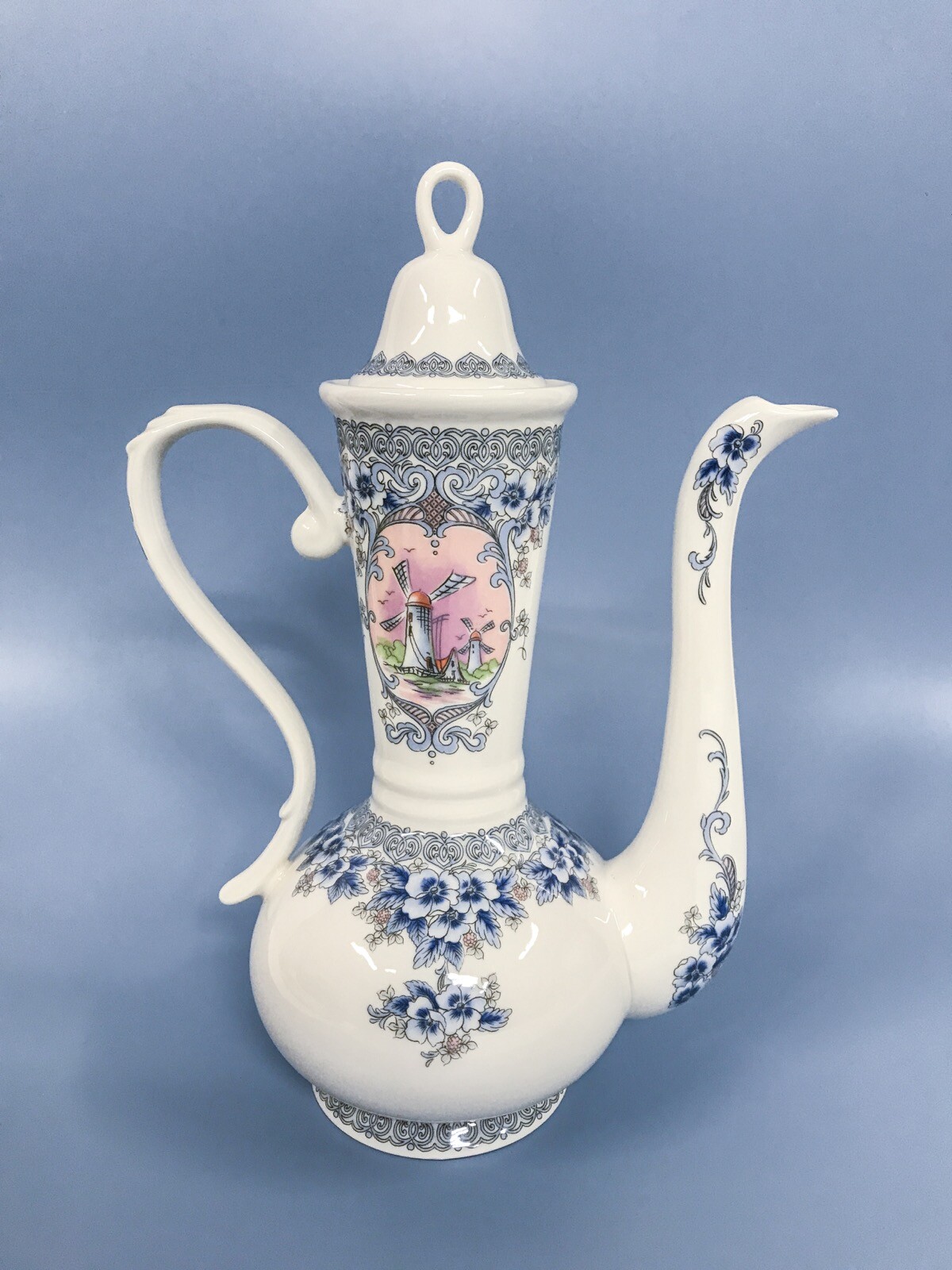 Vintage Windmill & Blue Floral Design Tea Pot Wine Pitcher – Bone China – Korea