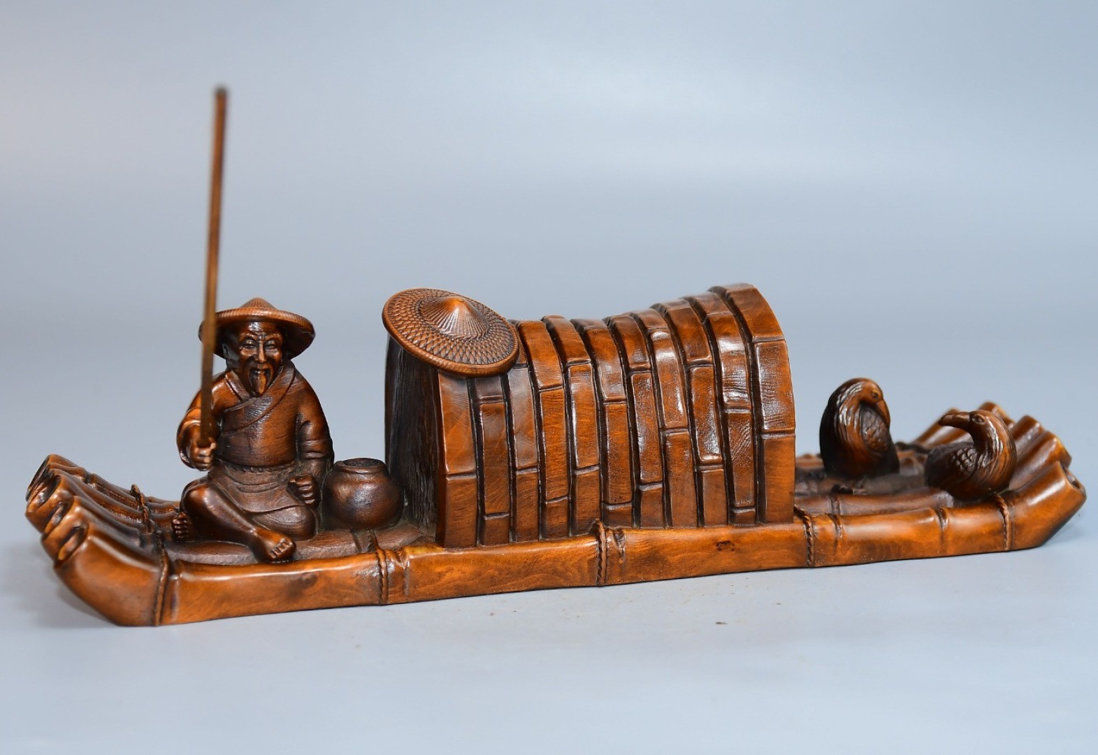 Boxwood Carving Figurine Carved Wooden Incense Holder Fisherman Cormorant Raft