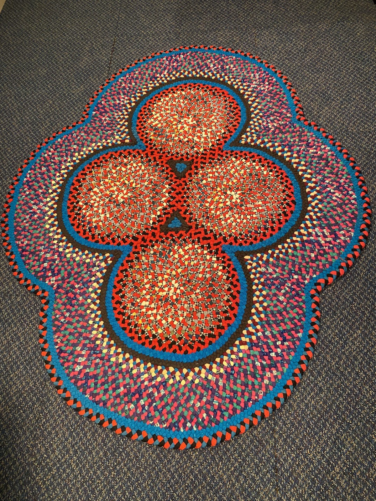 Vintage Antique Handmade Folk Art 4 Ring Wool Braided Rug