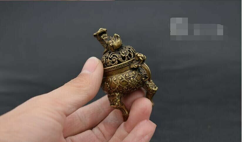 6 CM Chinese Pure Bronze Copper Foo Dog Lion Dragon Head Incense Burners Censer