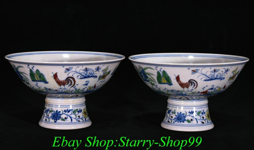 7″ Ming Chenghua Doucai Porcelain Chicken Animal pattern Teacup Cup Mug Pair