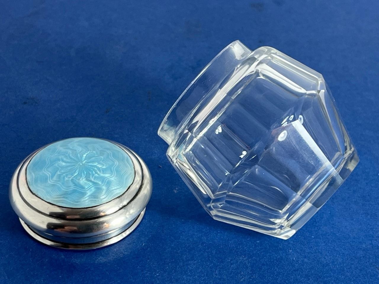 BEAUTIFUL ANTIQUE SOLID SILVER GUILLOCHE ENAMEL CUT GLASS VANITY JAR BIRM 1912