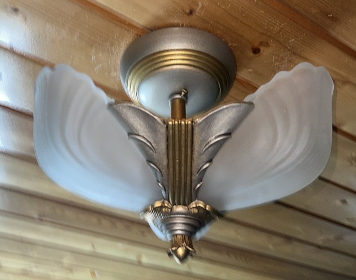 Antique Flush Art Deco Slip Shade Chandelier Markel Brushed Nickel Frost Glass