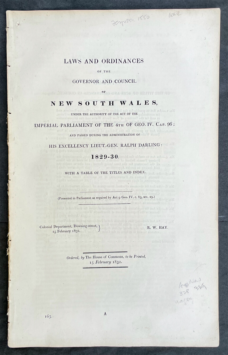1829-30 Australian Colonial Government Antique Laws & Ordinances New South Wales