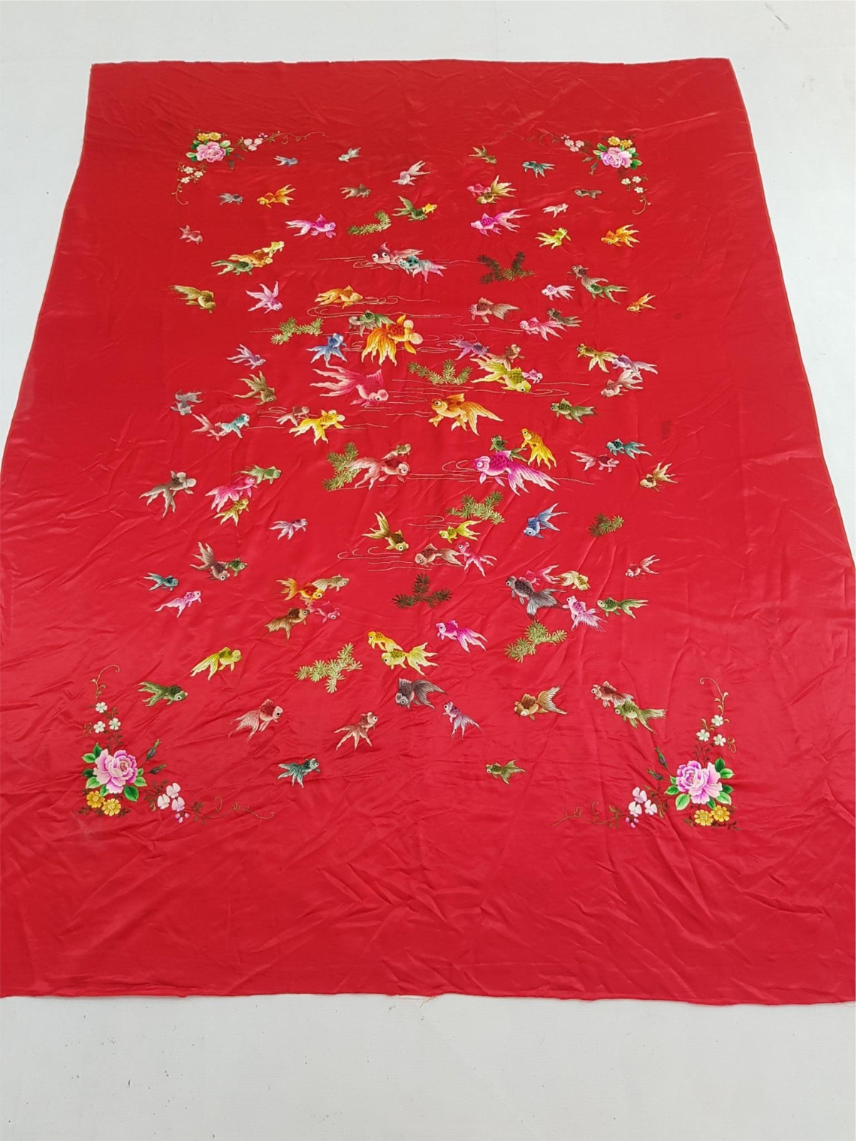 Antique Chinese Hand Embroidered Fishes Silk Panel 74×56 inches