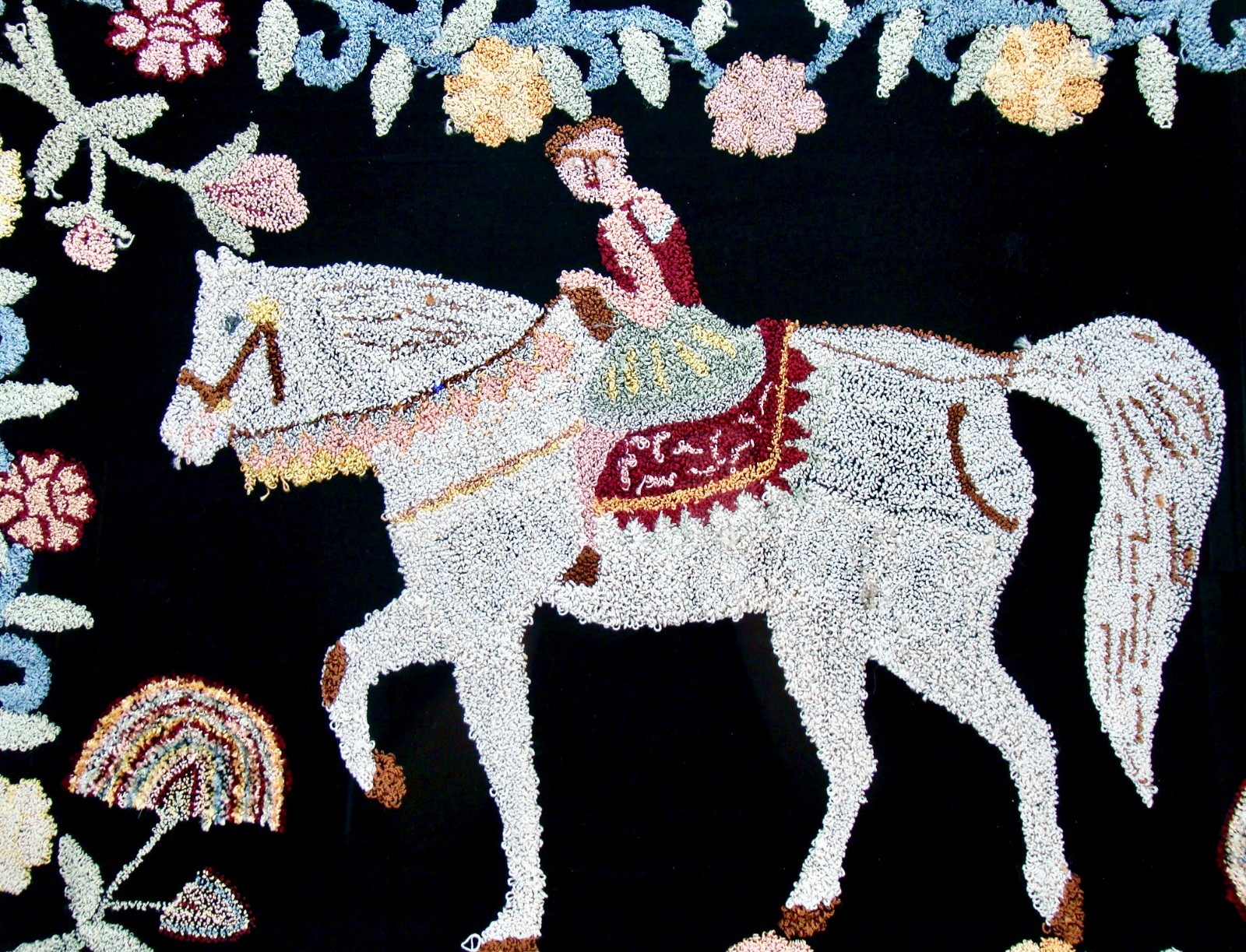 Rare & Unusual Antique American Folk Art Child Riding Horse Hooked Rug Carpet