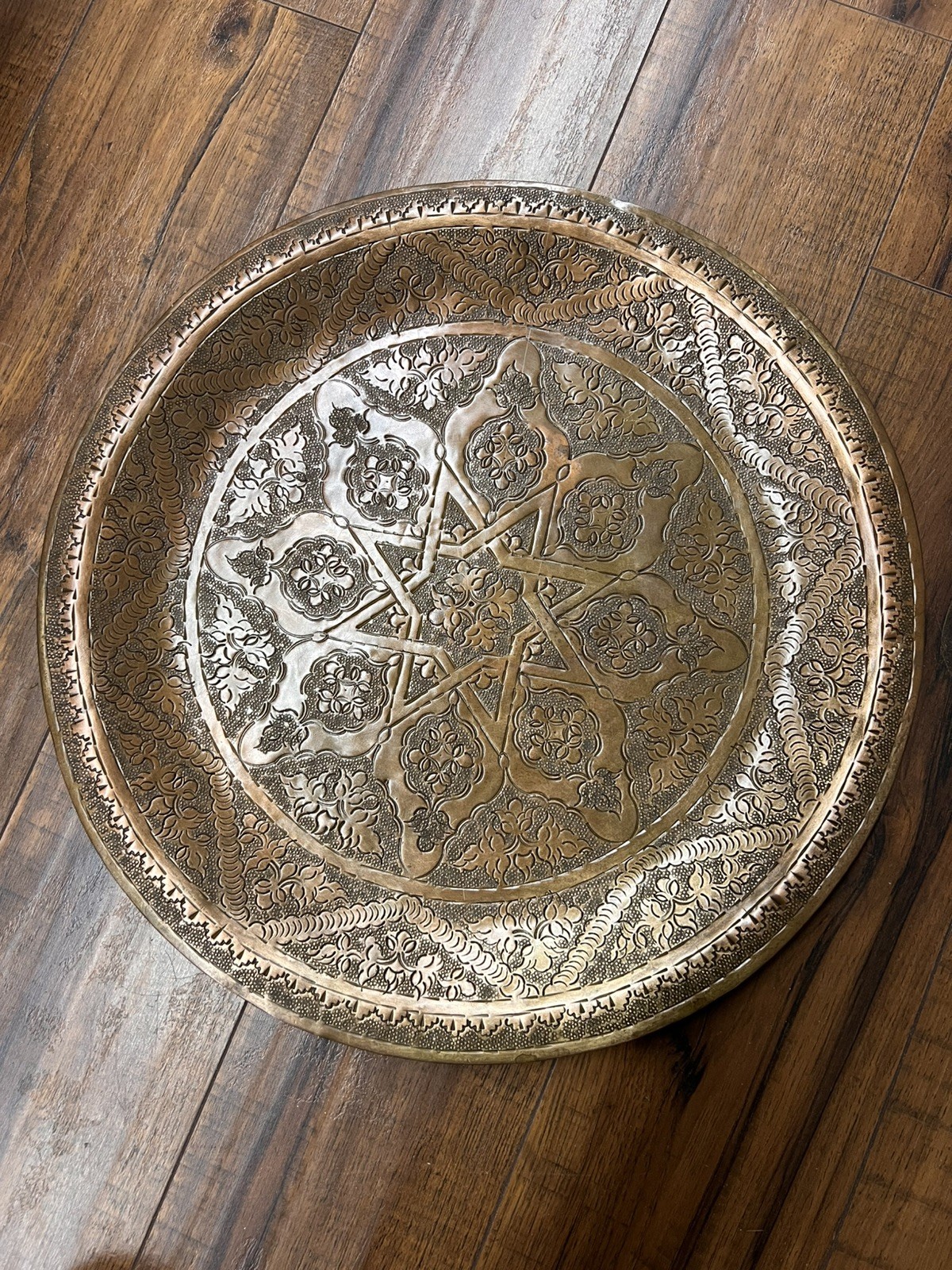 Antique Islamic Middle Eastern Hammer Engraved Large Brass Tray