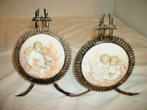 Antique French Silverplate Filigree Plaques Porcelain Romantic Couple 1900s
