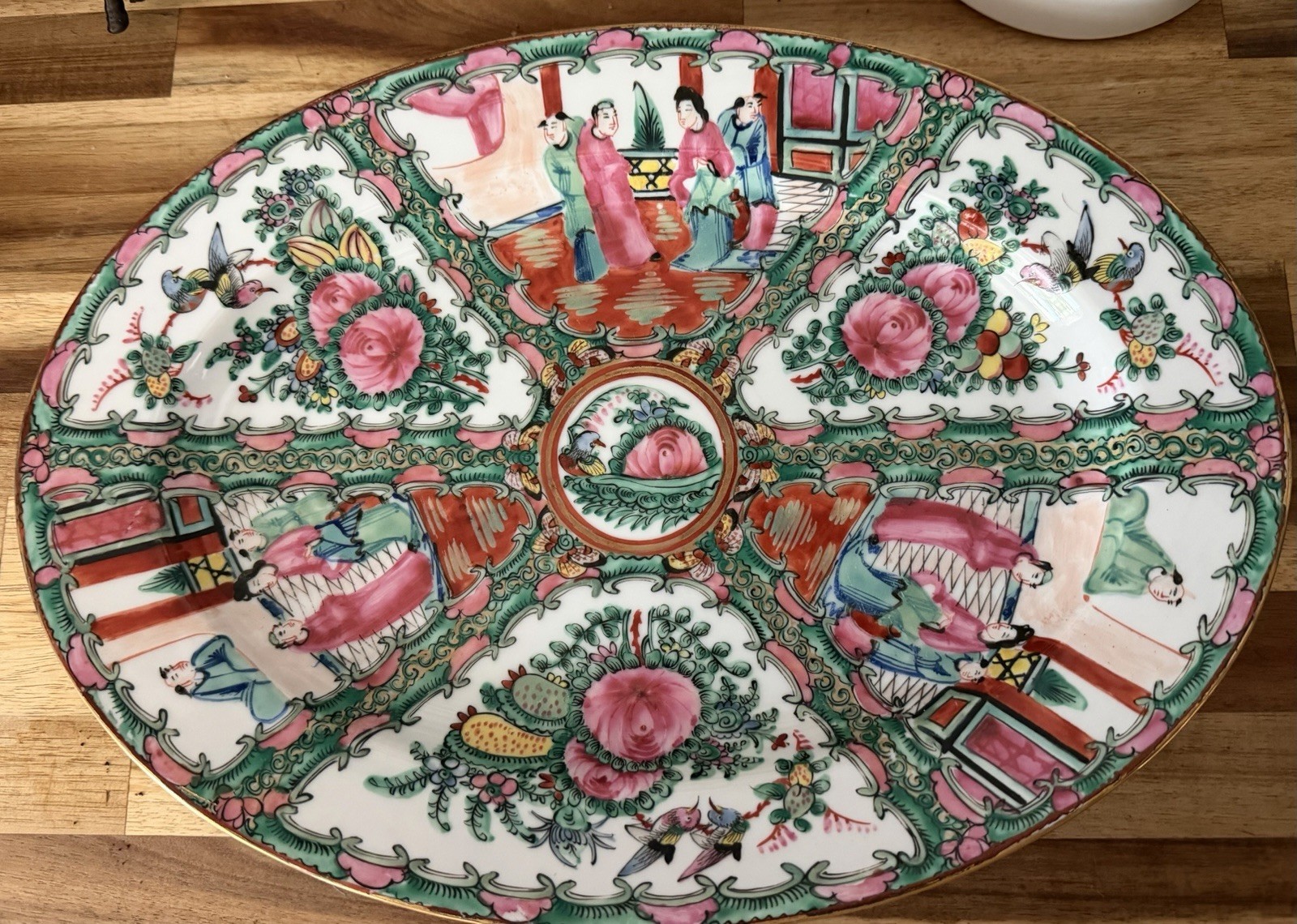 Antique Chinese Famille Rose Medallion Oval Dish Platter 14” X 10”