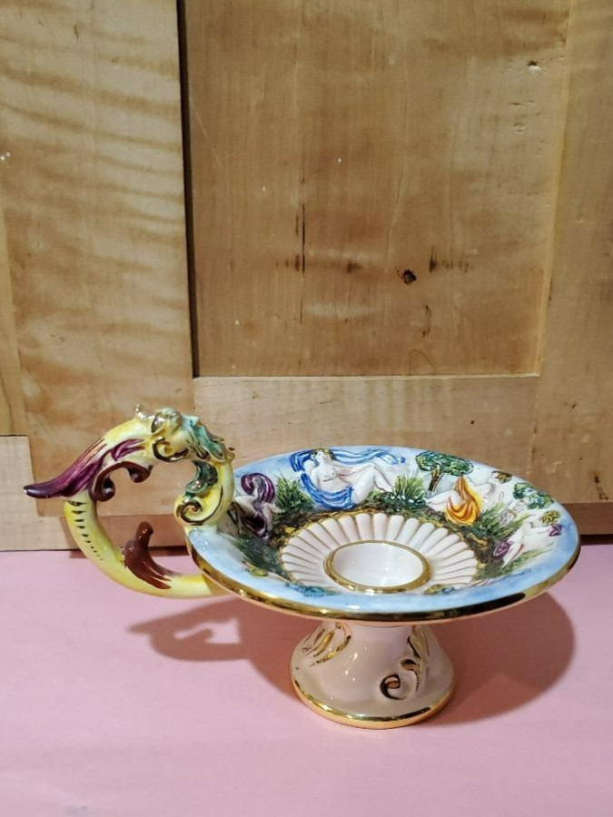 Capodimonte Handled Candle Holder CeramicVtg Cherubs-blue gold trim sign. Italy