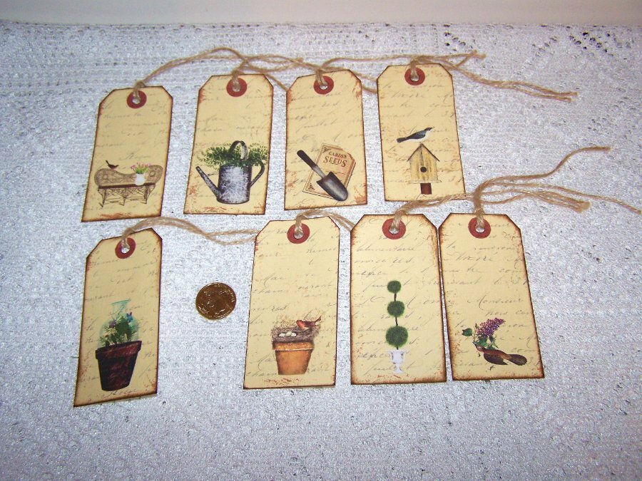 8~Spring~Primitive~Gardening~Linen Cardstock~Gift~Hang~Tags