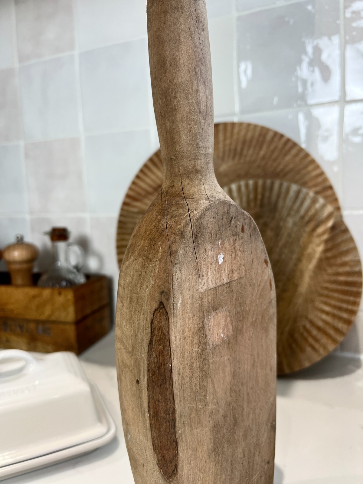 Vintage Wooden Butter Mould Carved Floral Paddle Rustic Kitchen Decor 33cm