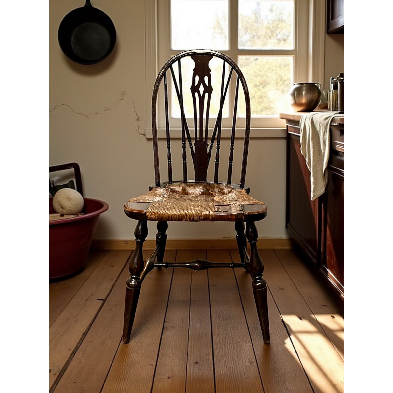 Antique 19thC Windsor Side Chair-Rush Seat-Primitive Farmhouse-Country-Colonial