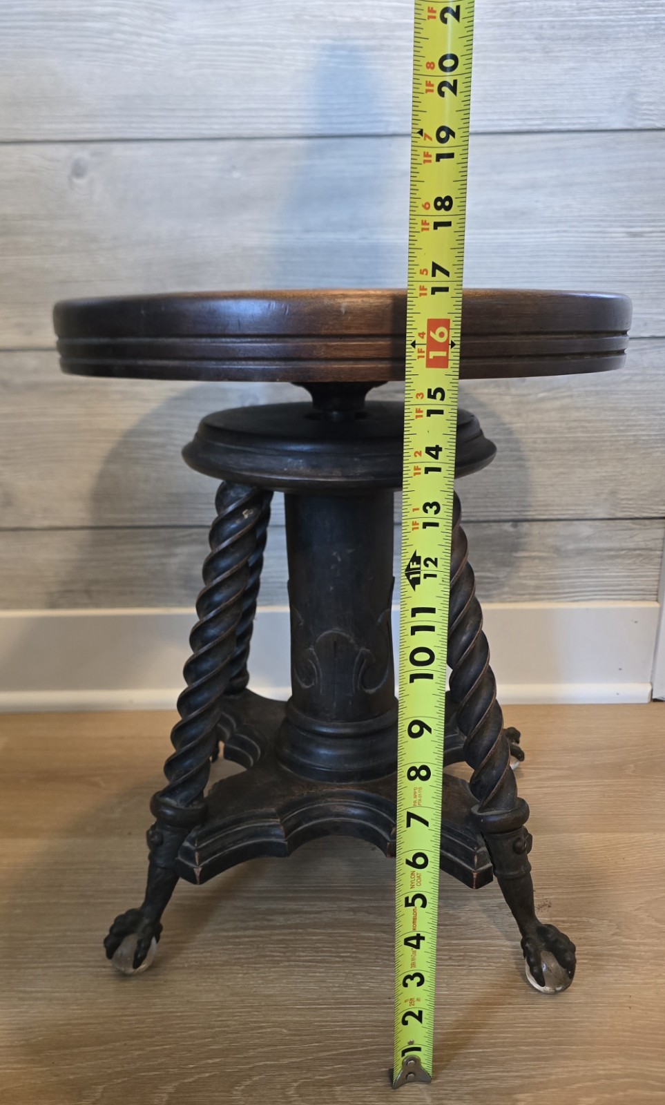 DWN•Vintage Antique TONK Wood Piano Stool Adjustable Height Claw Glass Feet