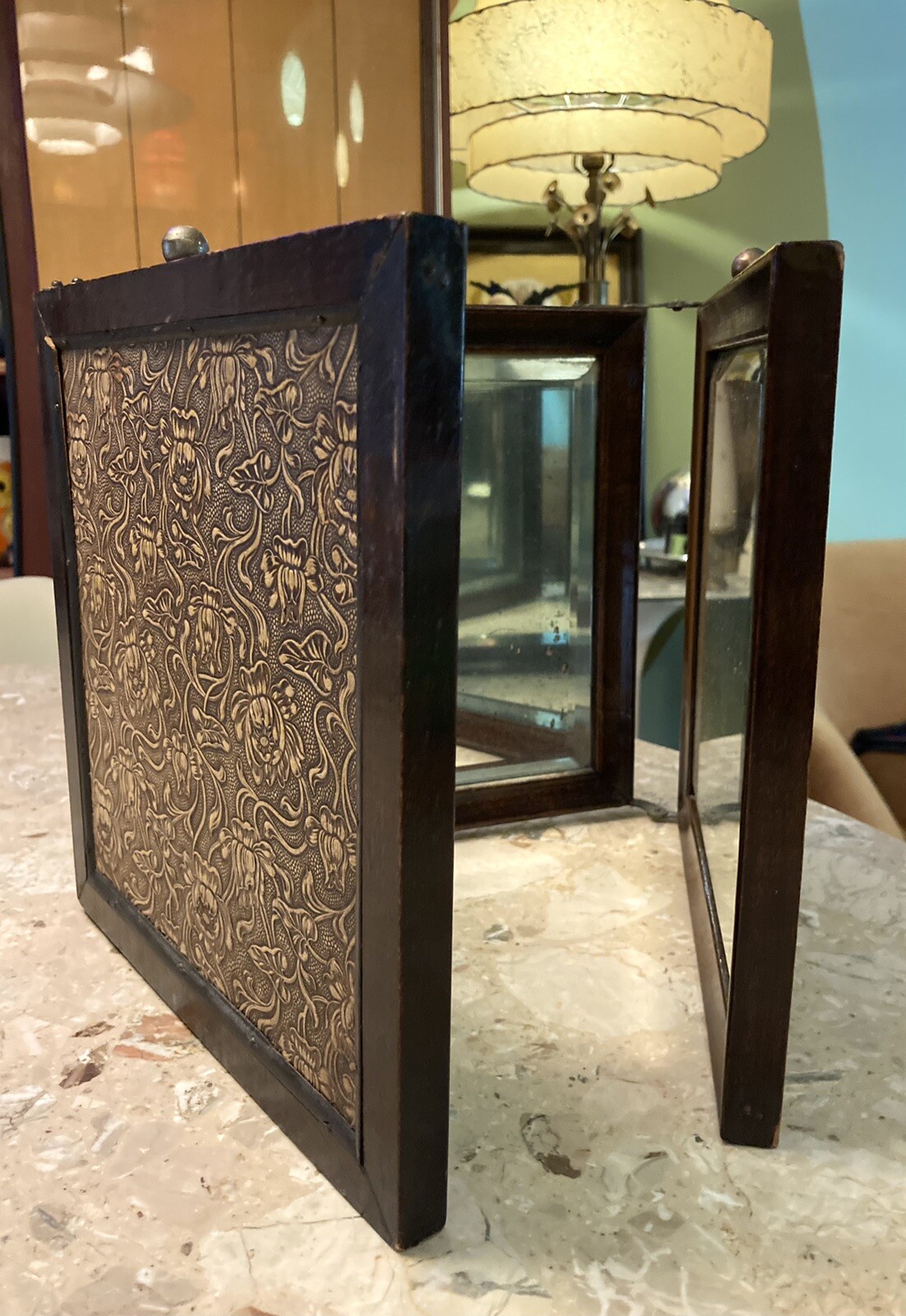 Antique TRI-FOLDING DRESSING TABLE MIRROR Beveled Edges Tri Fold 3 Mirrors