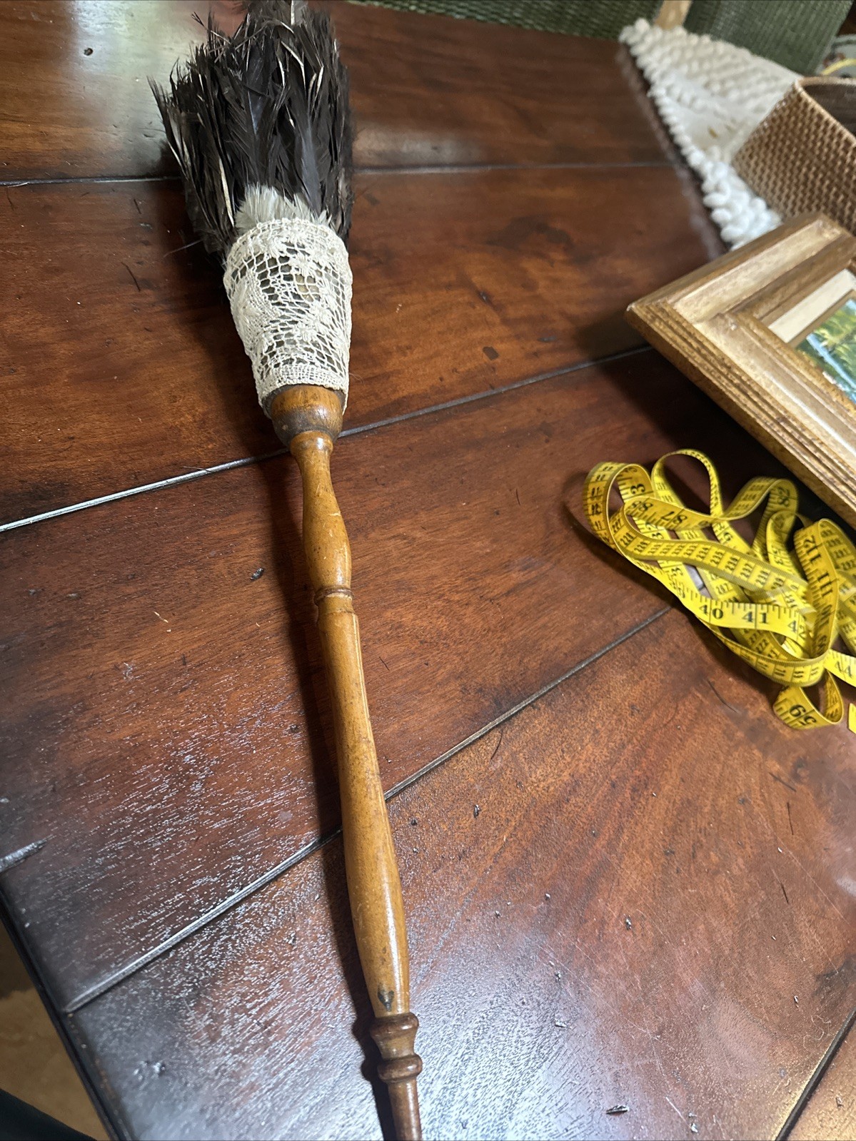 Antique 1920 Vintage Turkey Feather Duster Wood Handle Primitive Never Used Lace
