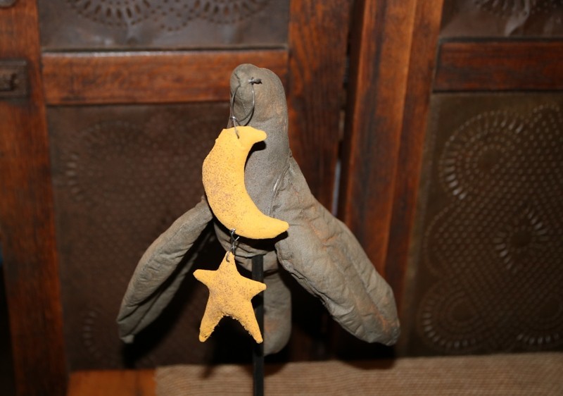Primitive Handmade Fabric Black Crow Yellow Moon Star on Stand Distressed Rustic