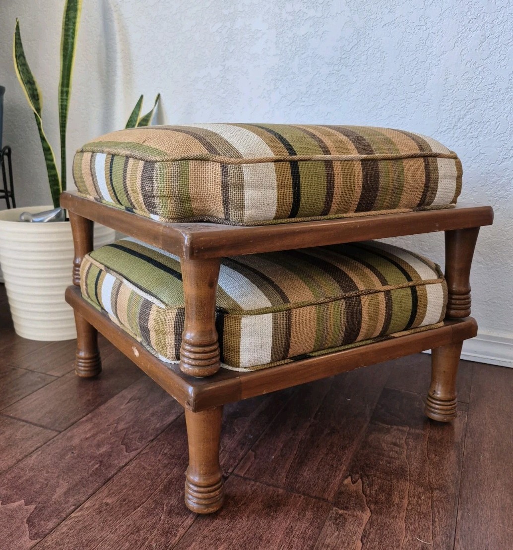 Mid Century Modern Stacking Stackable Foot Stools Set 2 Ottoman Stripe Green 18″