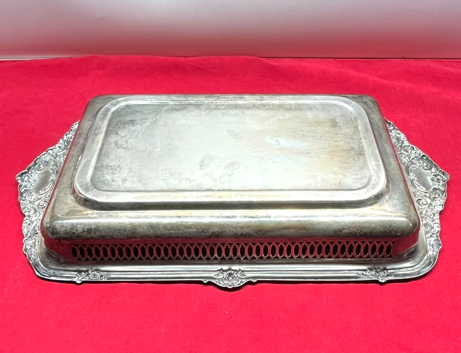VTG 19″ Tarnished Silver Plated Rectangular Butler Serving Tray Pierced Gallery