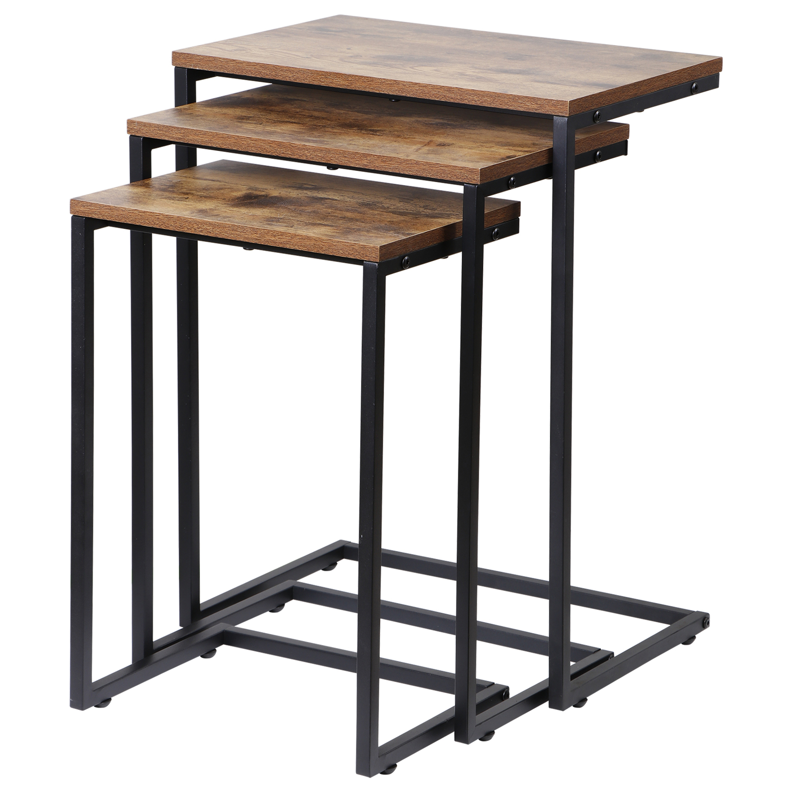 Stackable End Table Brown C-shaped Coffee Nesting Table Set of 3 w/Metal Frame