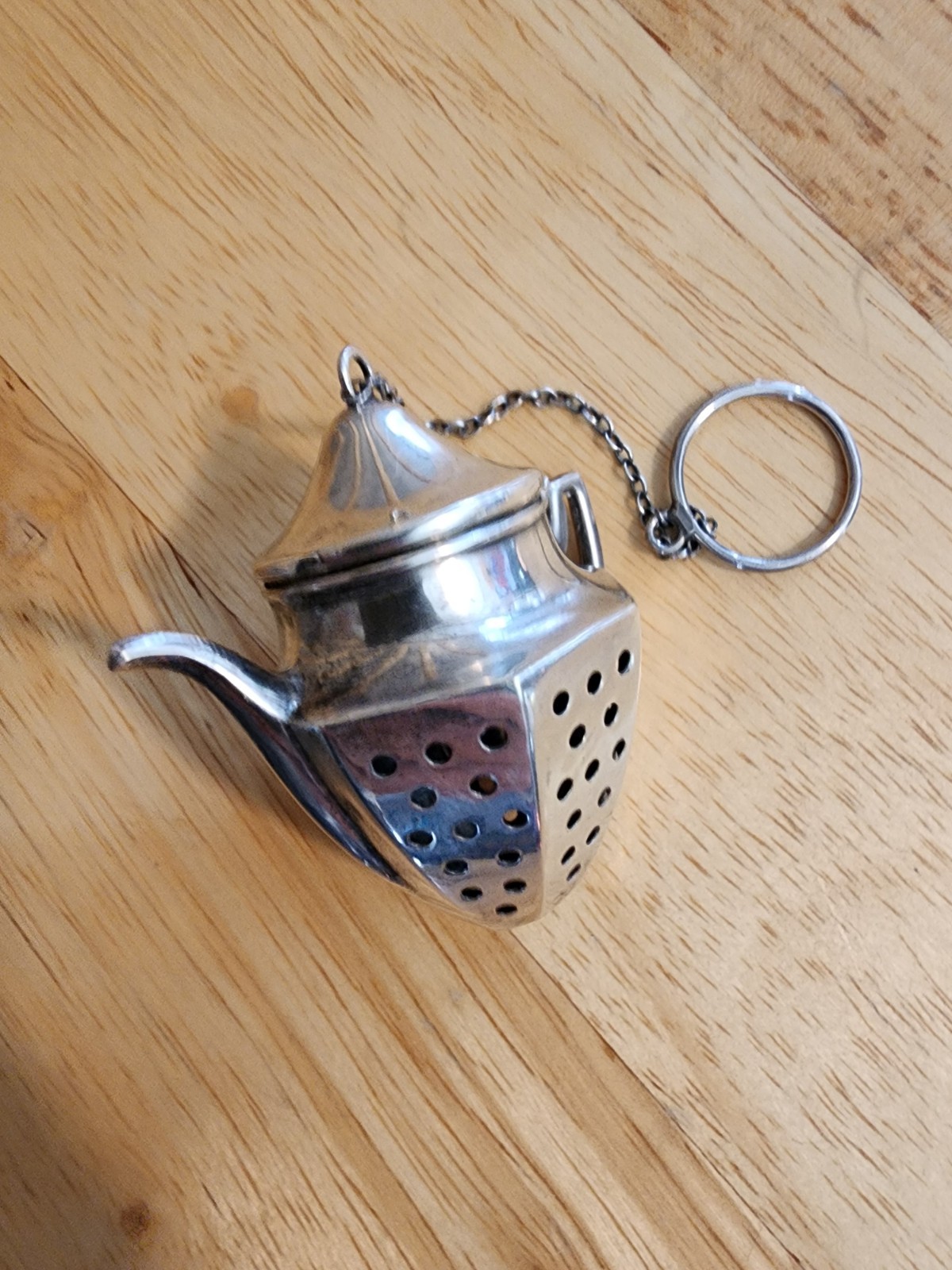 Antique Vintage Sterling Silver Tea Infuser Strainer with Chain and Finger Ring