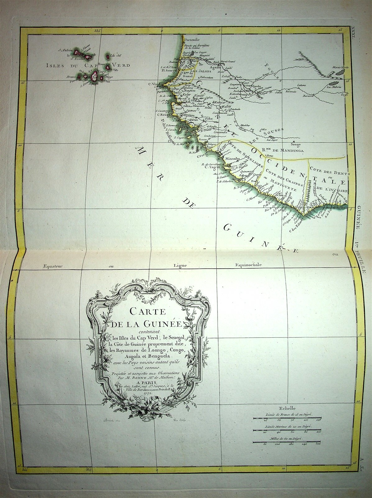 Original 1771 Hand Colored Map Guinea Cape Verde Islands Senegal Rigobert Bonne