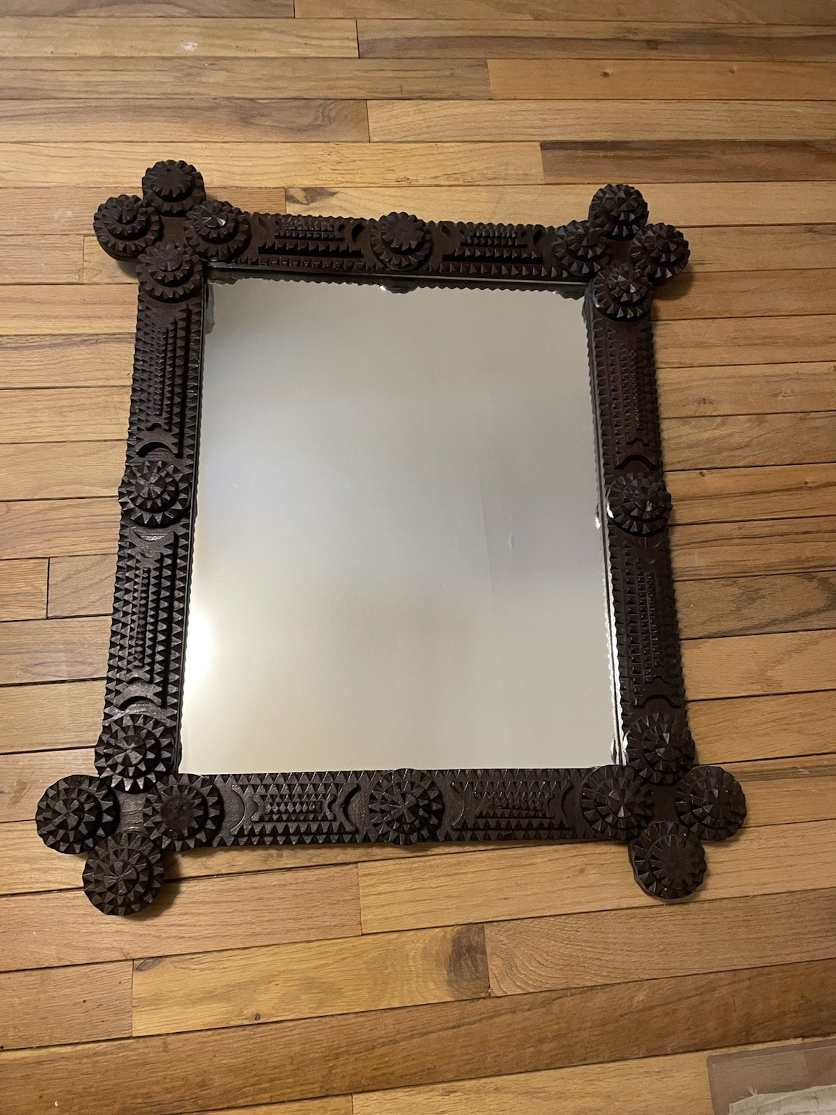 Antique Ornate Brown Wood Framed Mirror Rectangle Wall Mounted Vertical