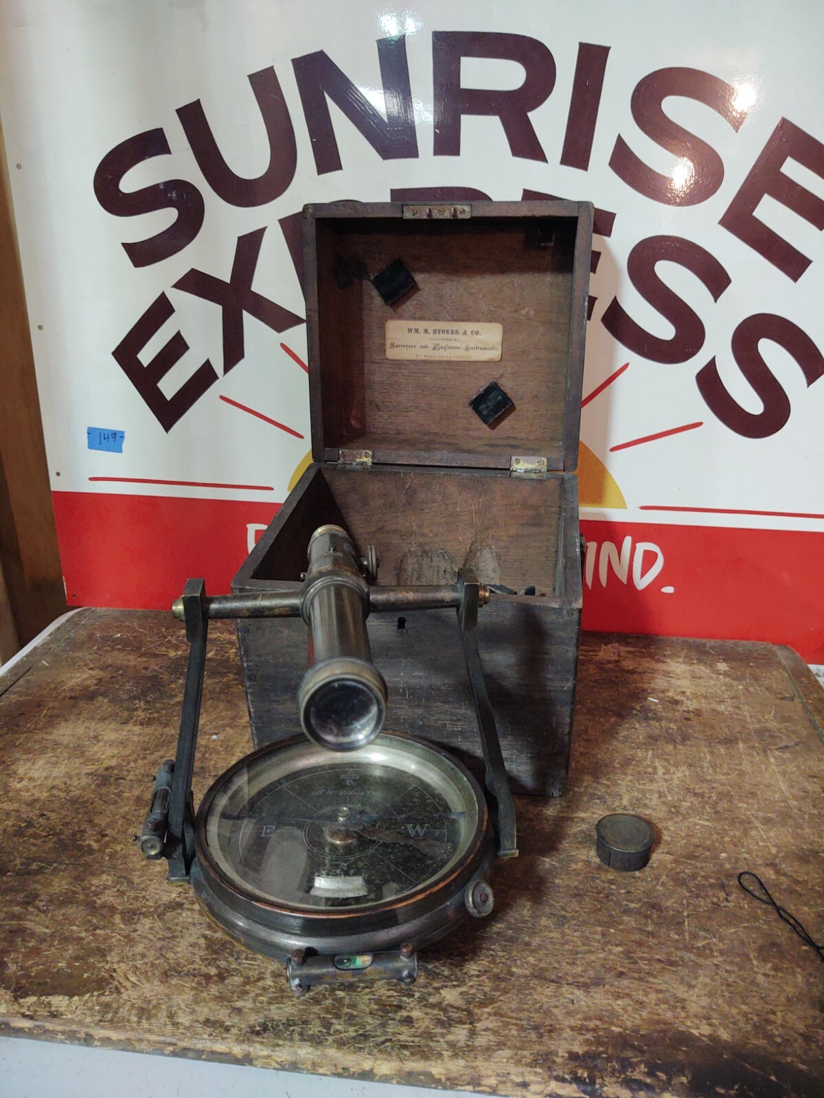 RARE Antique WM. Stokes Surveyor Compass Transit W/ Wood Case Cincinnati Ohio