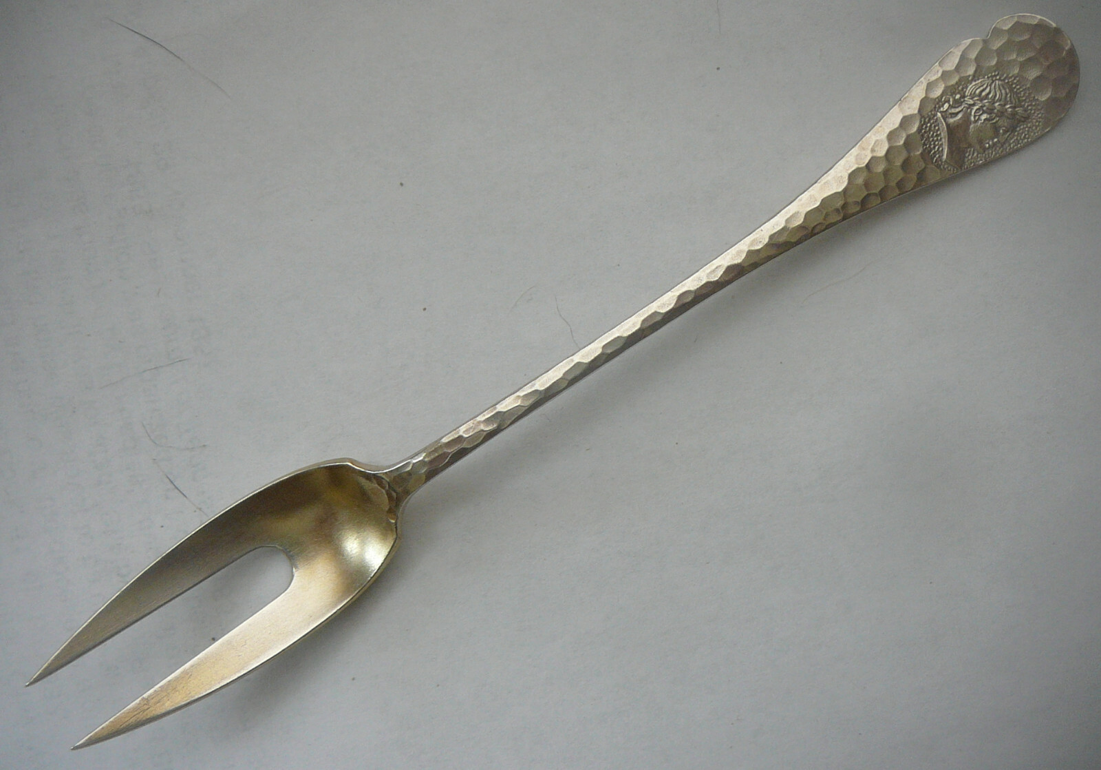 Wood & Hughes Hammered MEDALLION Sterling Olive Fork c.1882/ No Mono/Gold Wash