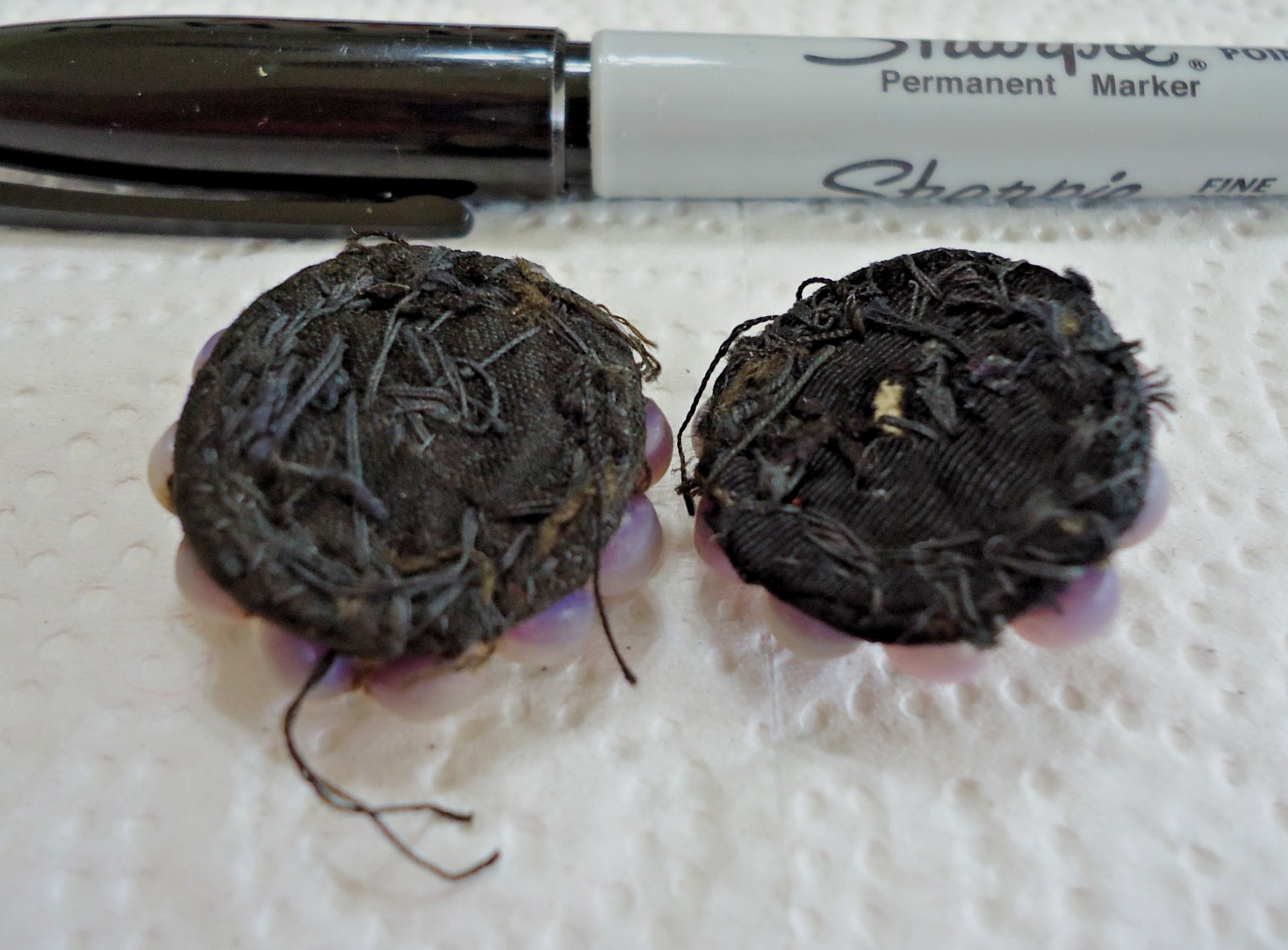 Lot of 2 Antique Black Glass & Pearl Passementerie Buttons 1 1/8″