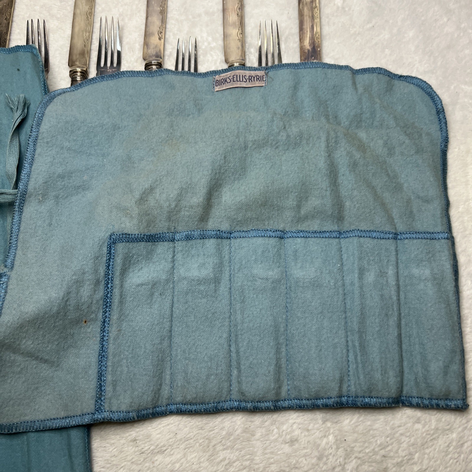 Lot Set 12 Mother of Pearl Fish Knives Forks Sterling Band Ferrule Storage Cloth