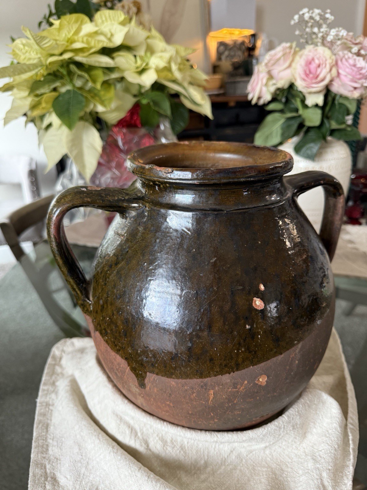 Antique Terracotta Glazed Pottery Jar 19th C Farmhouse Crock Folk Art, 14 Pounds
