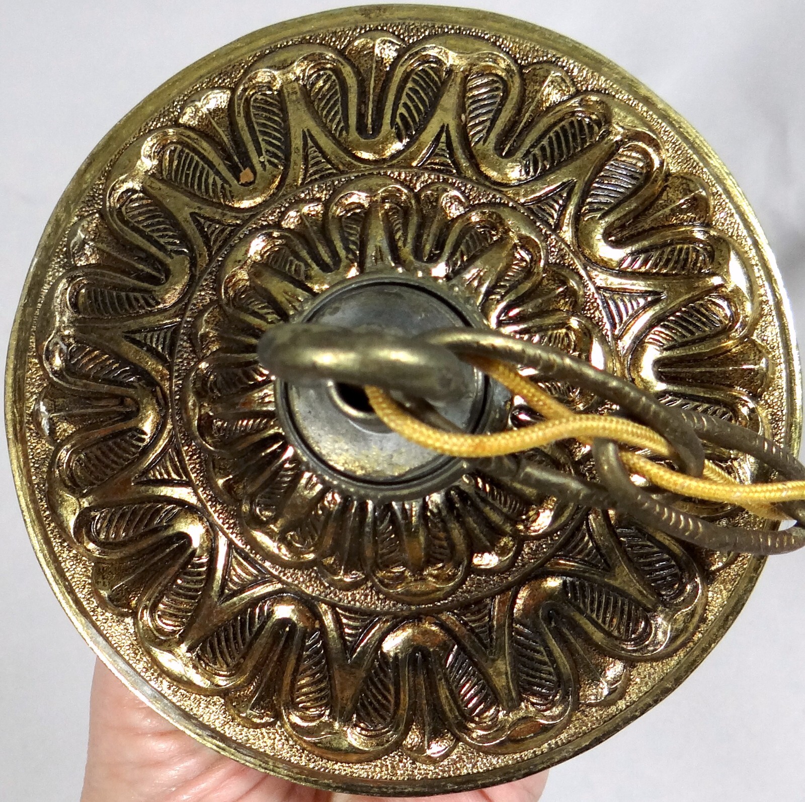 Antique Vtg Ceiling Light Fixture Pendant Chain Lamp 2 Bulb Sculpted Brass 15 in