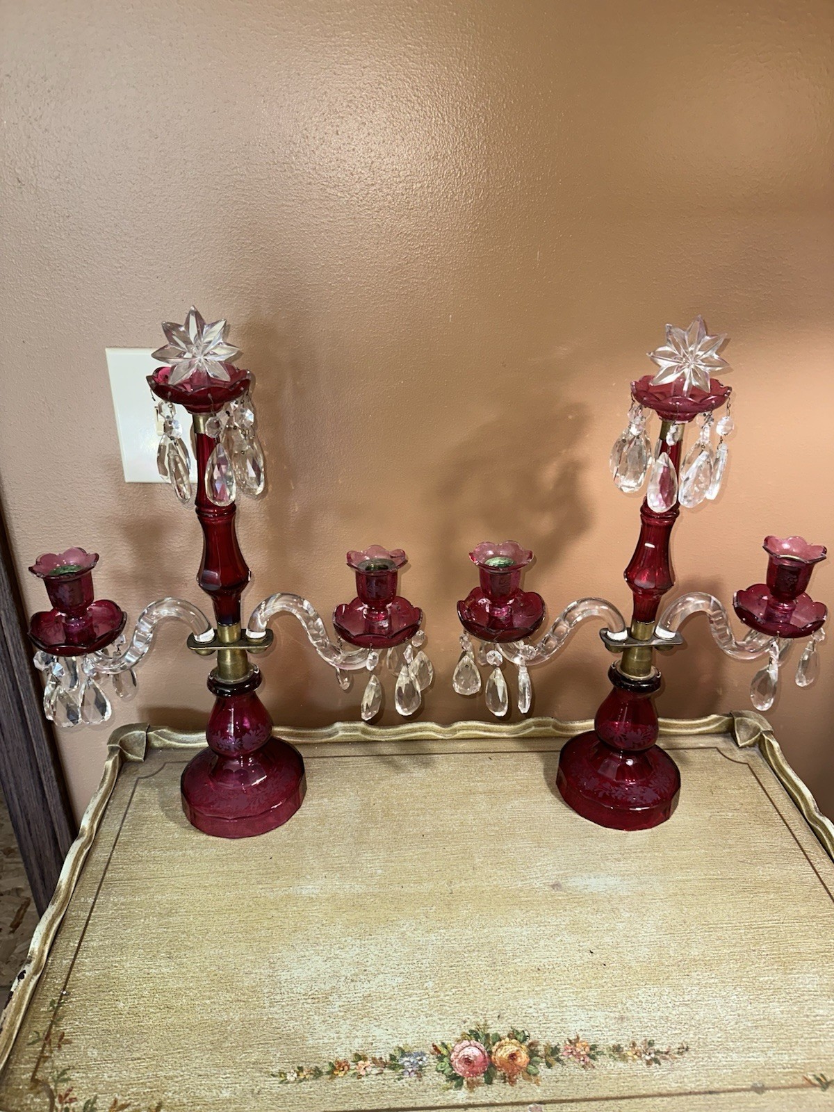 Vintage Pair of Cranberry Glass Mantle Lusters/Candelabras