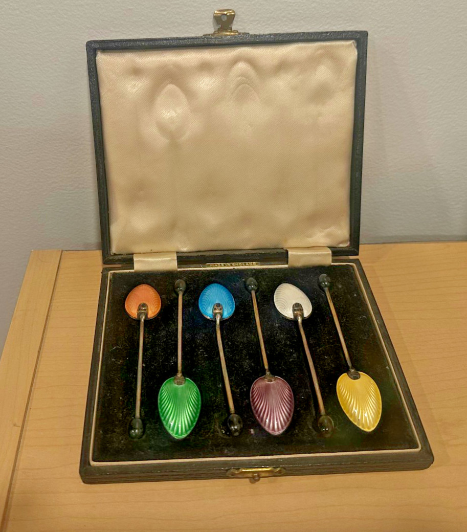 Barker Brothers Sterling Silver & Guilloché Enamel Coffee Spoons Set, 1936