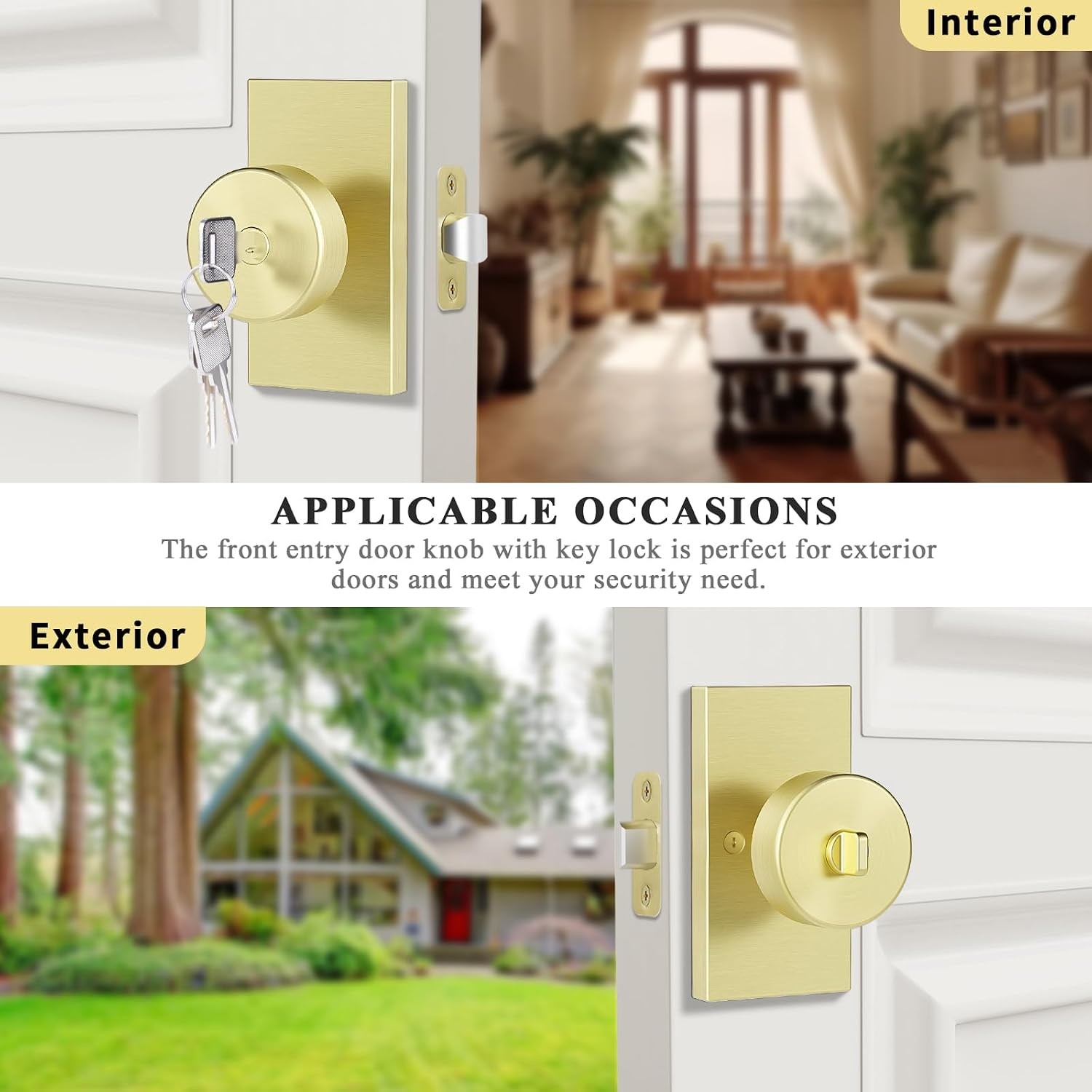 Brushed Gold Door Knobs, Satin Brass Front Door Lock Exterior Entry Door Knob