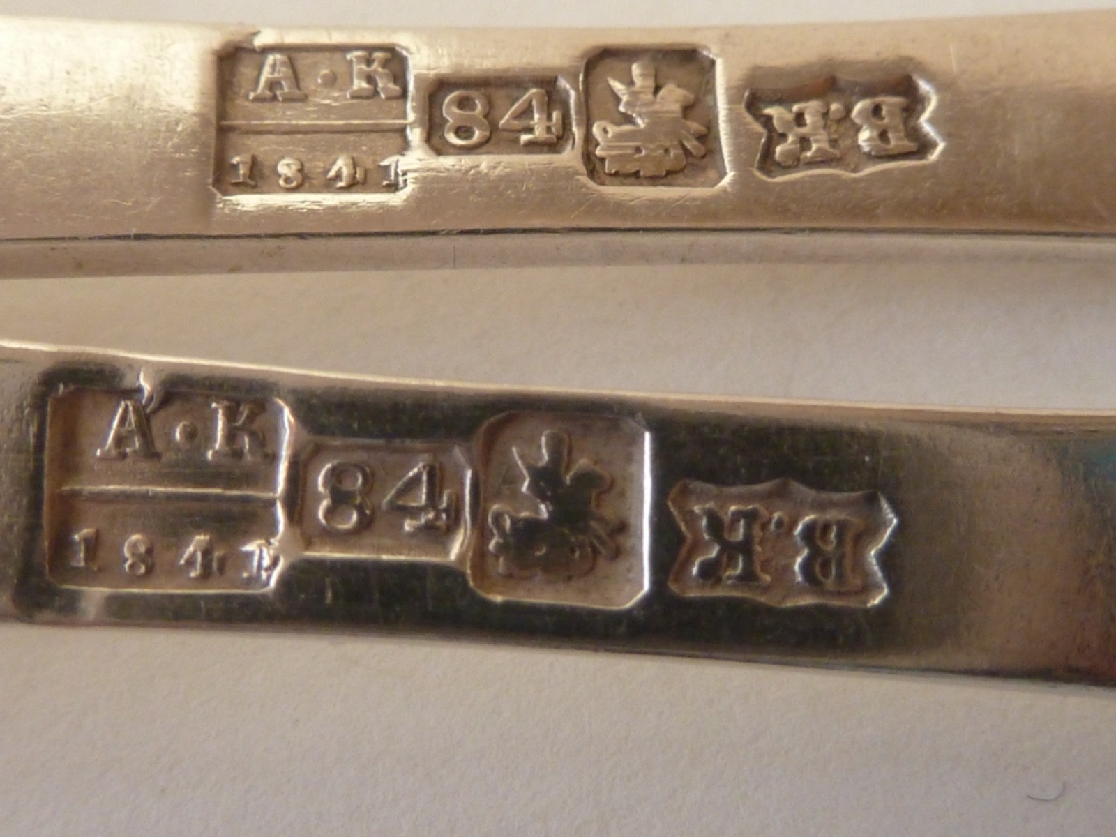 FOUR RUSSIAN 84 SILVER DESSERT SPOONS, MOSCOW 1841, “BK” MAKER, SHELL DESIGN