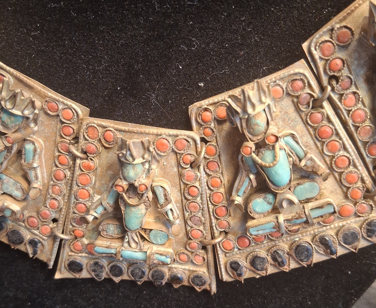 Antique Tibet Buddah Brass Panel Necklace, Coral, Turquoise, Onyx