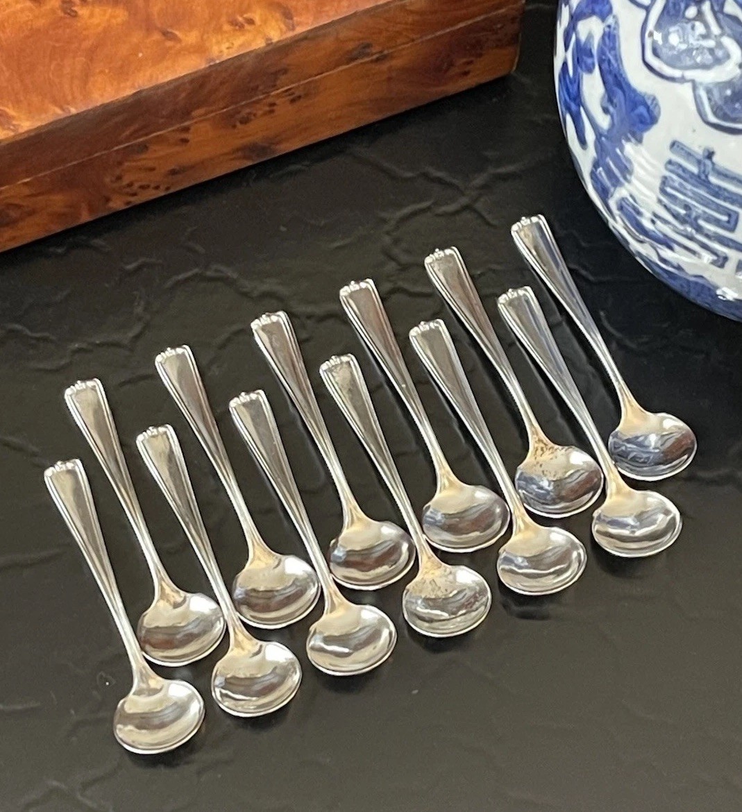 Stunning Set 12 Lunt Embassy Scroll Sterling Silver Salt Spoons American 2.25”