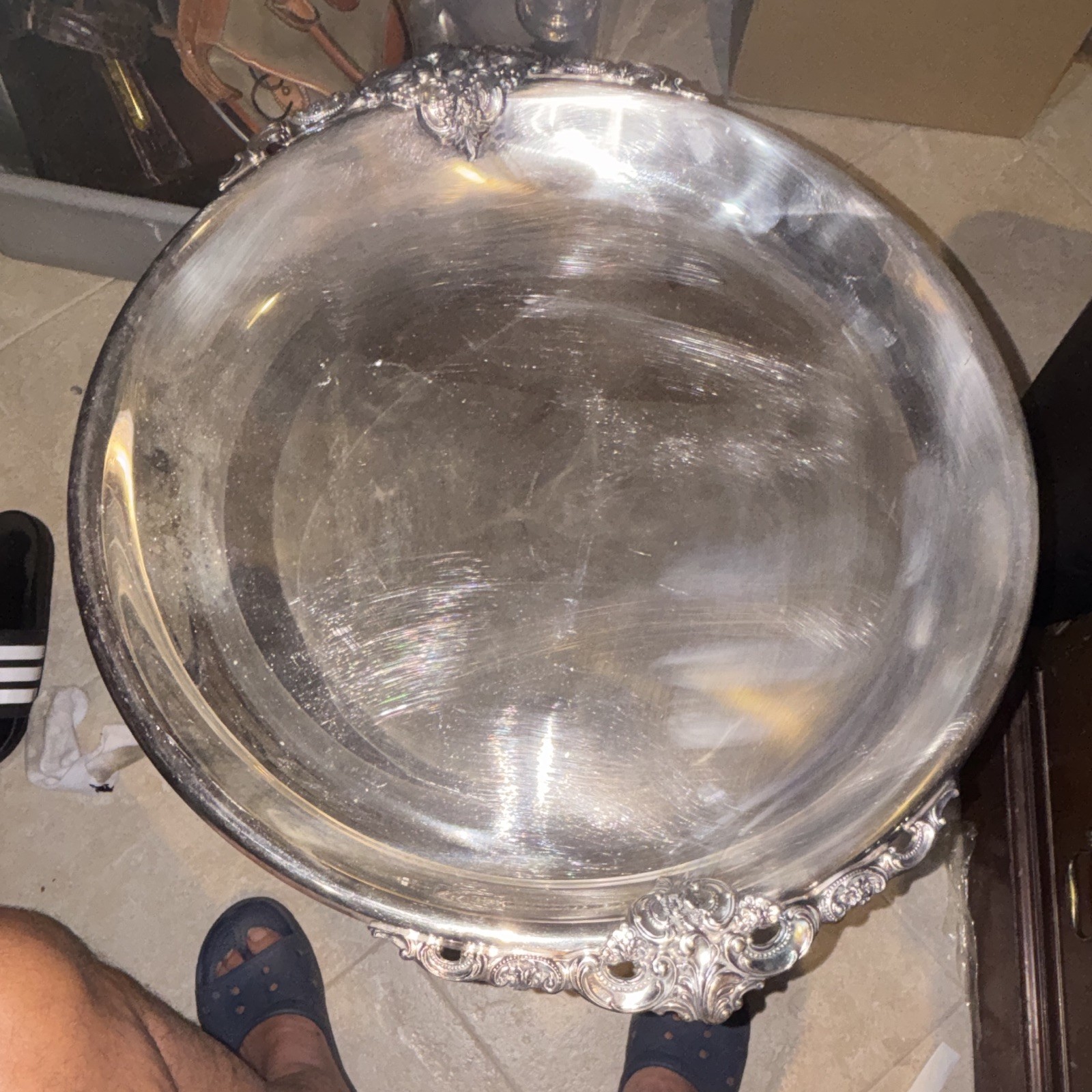 Baroque & Rococo Round Silverplate Serving Tray Platter with Decorative Handles